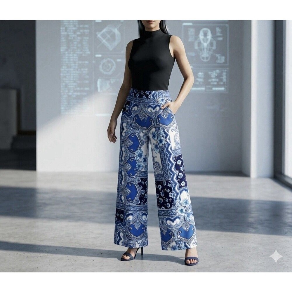 Boston Proper Palazzo Pants Women’s S Blue White Paisley Wide-Leg Beach Resort